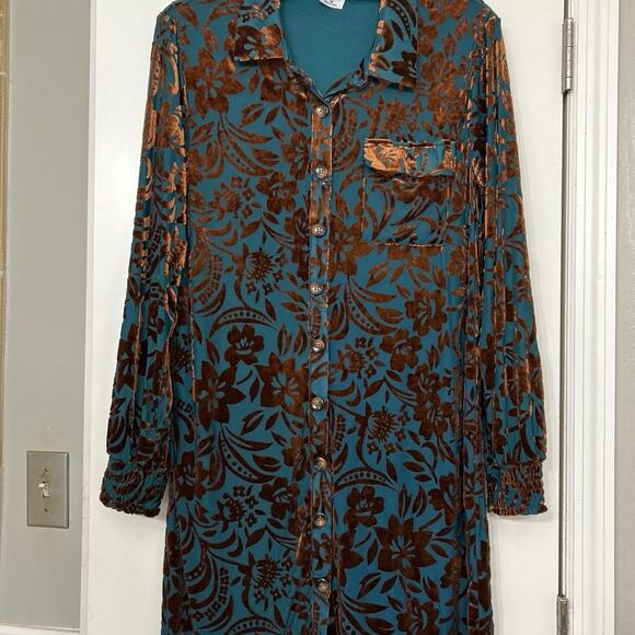 Cozy Co Burnout Velvet Floral Button Front Shirt Dress Teal Brown Medium Boho - Picture 6 of 14